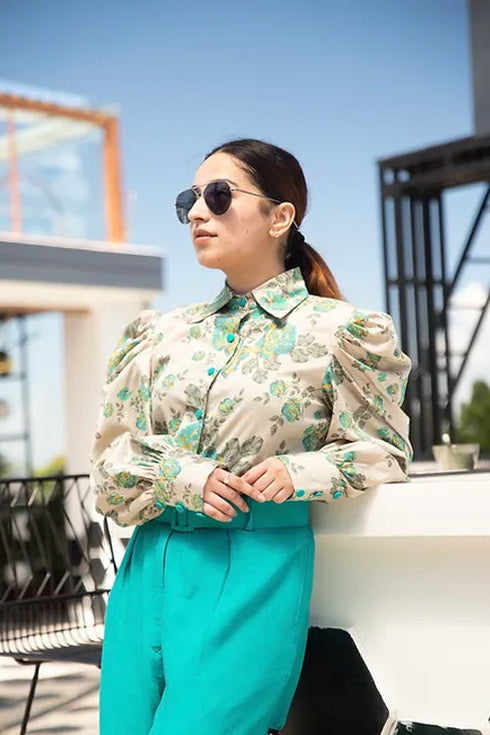 Formal Turquoise Pants With Puffy Printed Shirt